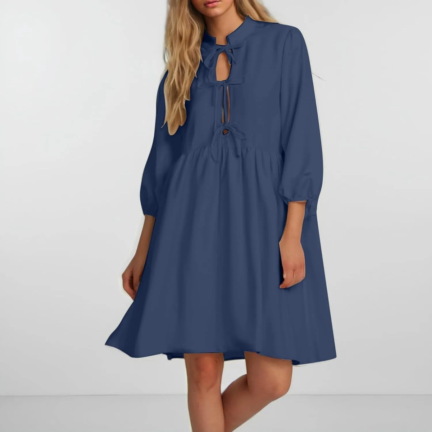 Women's Dress Fall Long Puff Sleeve Self Tie Front Babydoll A Line Pleated Cute Mini Tunic Dresses 2025