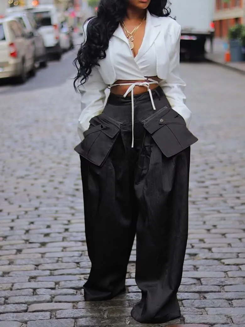 Women's High Waisted Wide Leg Satin Cargo Pants Flowy Trousers with Zipper Pockets