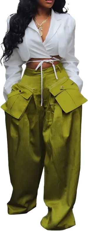 Women's High Waisted Wide Leg Satin Cargo Pants Flowy Trousers with Zipper Pockets