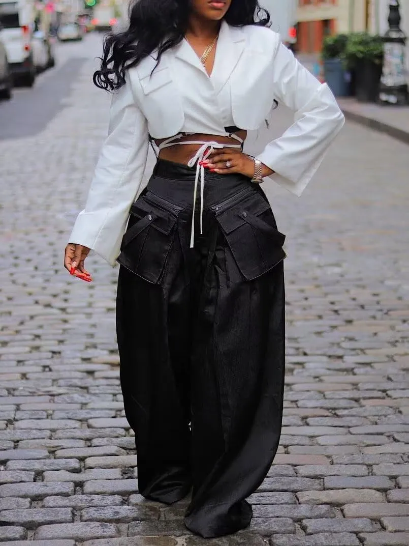Women's High Waisted Wide Leg Satin Cargo Pants Flowy Trousers with Zipper Pockets