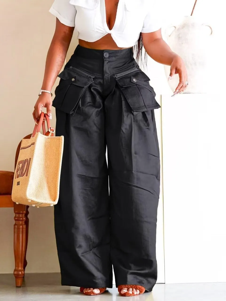 Women's High Waisted Wide Leg Satin Cargo Pants Flowy Trousers with Zipper Pockets