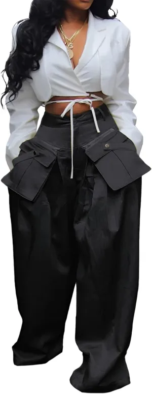 Women's High Waisted Wide Leg Satin Cargo Pants Flowy Trousers with Zipper Pockets