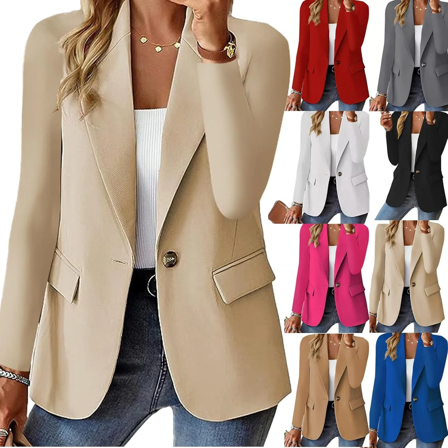 Women's Minimalist Solid Button Lapel Collar Blazer, Casual Blazers for Women, Ladies Jackets Outfits Suits for Work