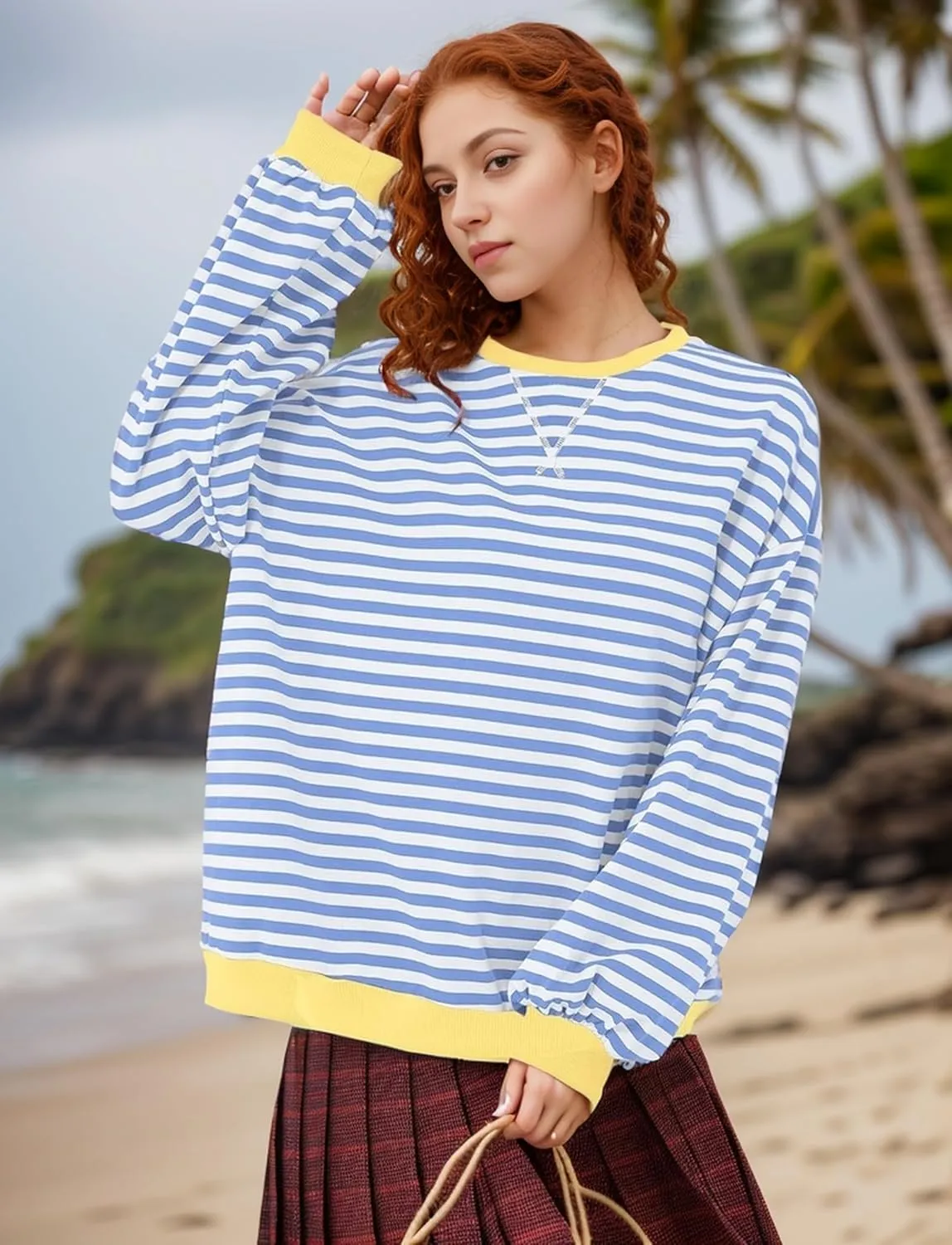 Womens Oversized Sweatshirt for Women Striped Preppy Pink Crewneck Sweatshirts Long Sleeve Casual Loose Pullover