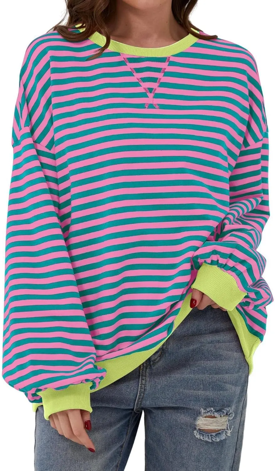 Womens Oversized Sweatshirt for Women Striped Preppy Pink Crewneck Sweatshirts Long Sleeve Casual Loose Pullover