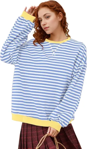 Womens Oversized Sweatshirt for Women Striped Preppy Pink Crewneck Sweatshirts Long Sleeve Casual Loose Pullover