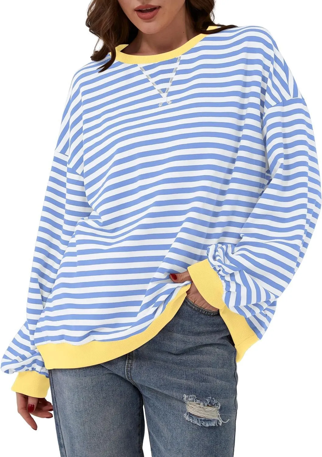 Womens Oversized Sweatshirt for Women Striped Preppy Pink Crewneck Sweatshirts Long Sleeve Casual Loose Pullover