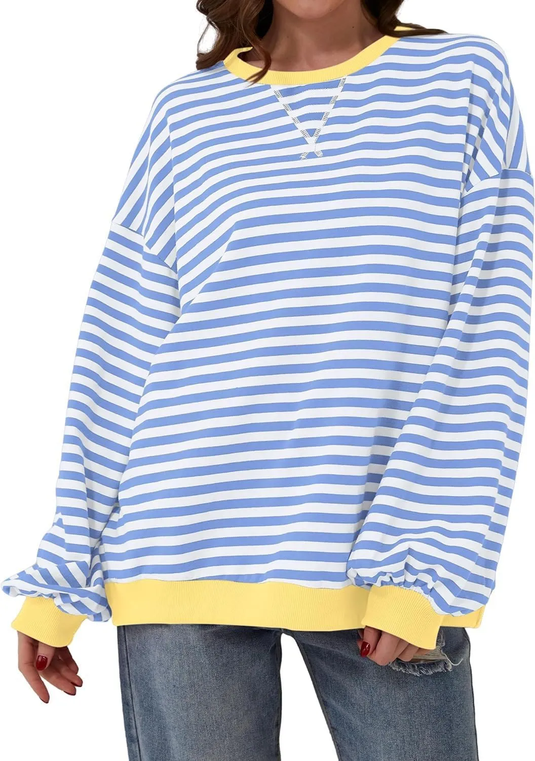 Womens Oversized Sweatshirt for Women Striped Preppy Pink Crewneck Sweatshirts Long Sleeve Casual Loose Pullover