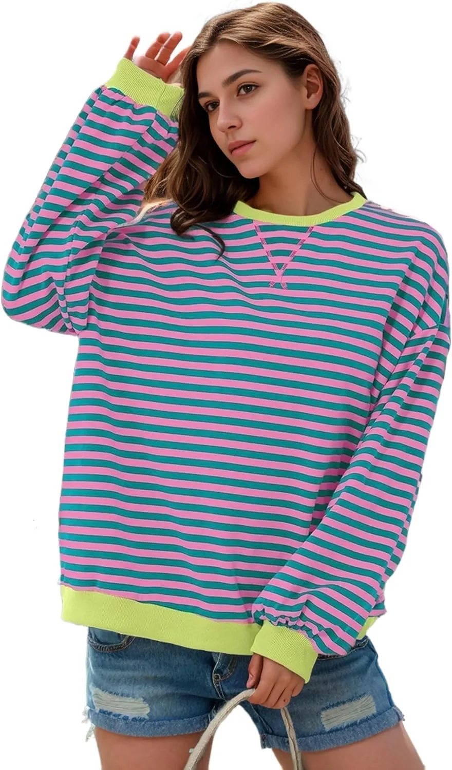 Womens Oversized Sweatshirt for Women Striped Preppy Pink Crewneck Sweatshirts Long Sleeve Casual Loose Pullover