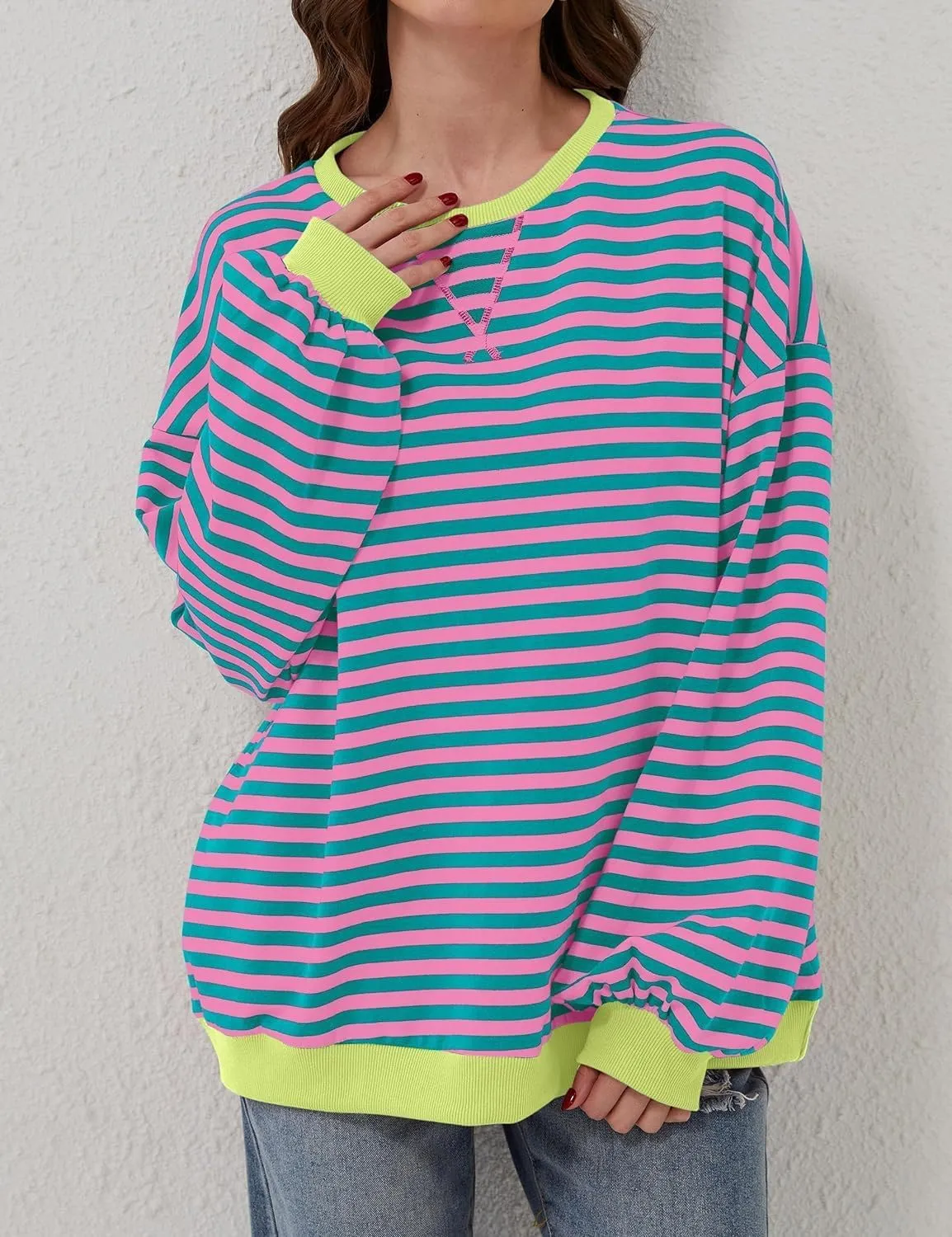 Womens Oversized Sweatshirt for Women Striped Preppy Pink Crewneck Sweatshirts Long Sleeve Casual Loose Pullover