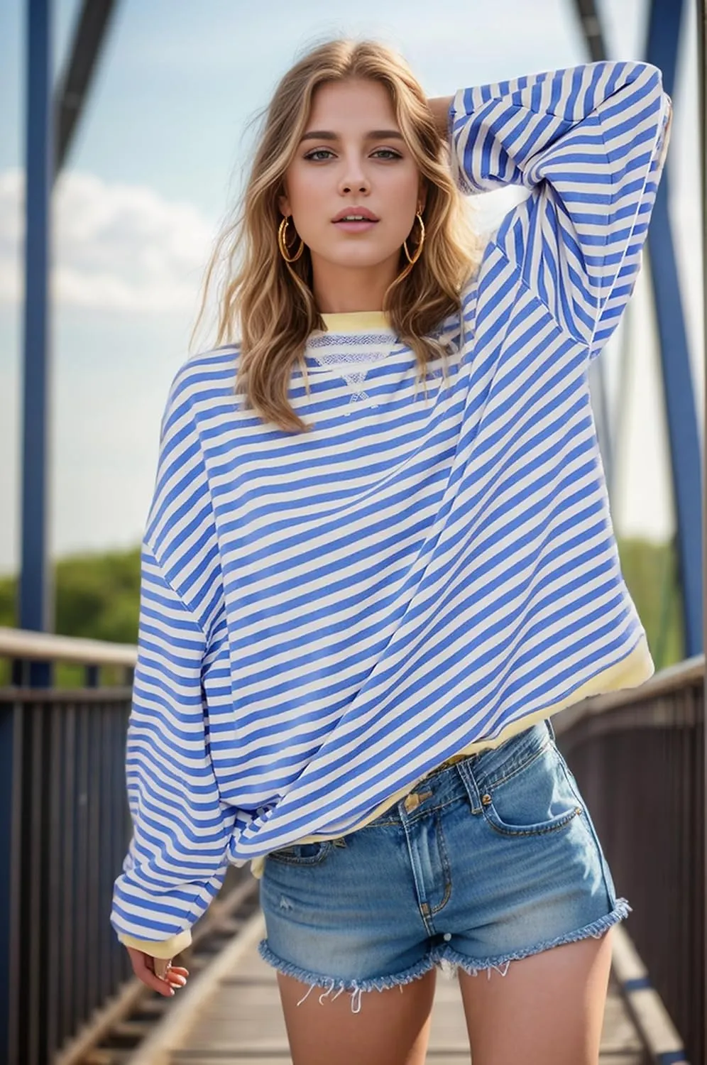 Womens Oversized Sweatshirt for Women Striped Preppy Pink Crewneck Sweatshirts Long Sleeve Casual Loose Pullover