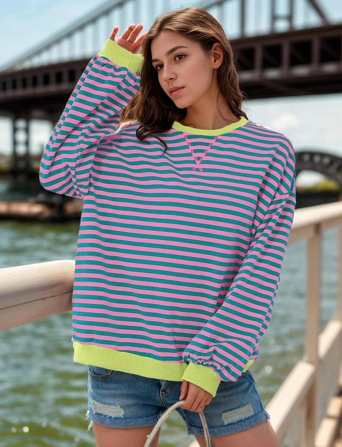 Womens Oversized Sweatshirt for Women Striped Preppy Pink Crewneck Sweatshirts Long Sleeve Casual Loose Pullover