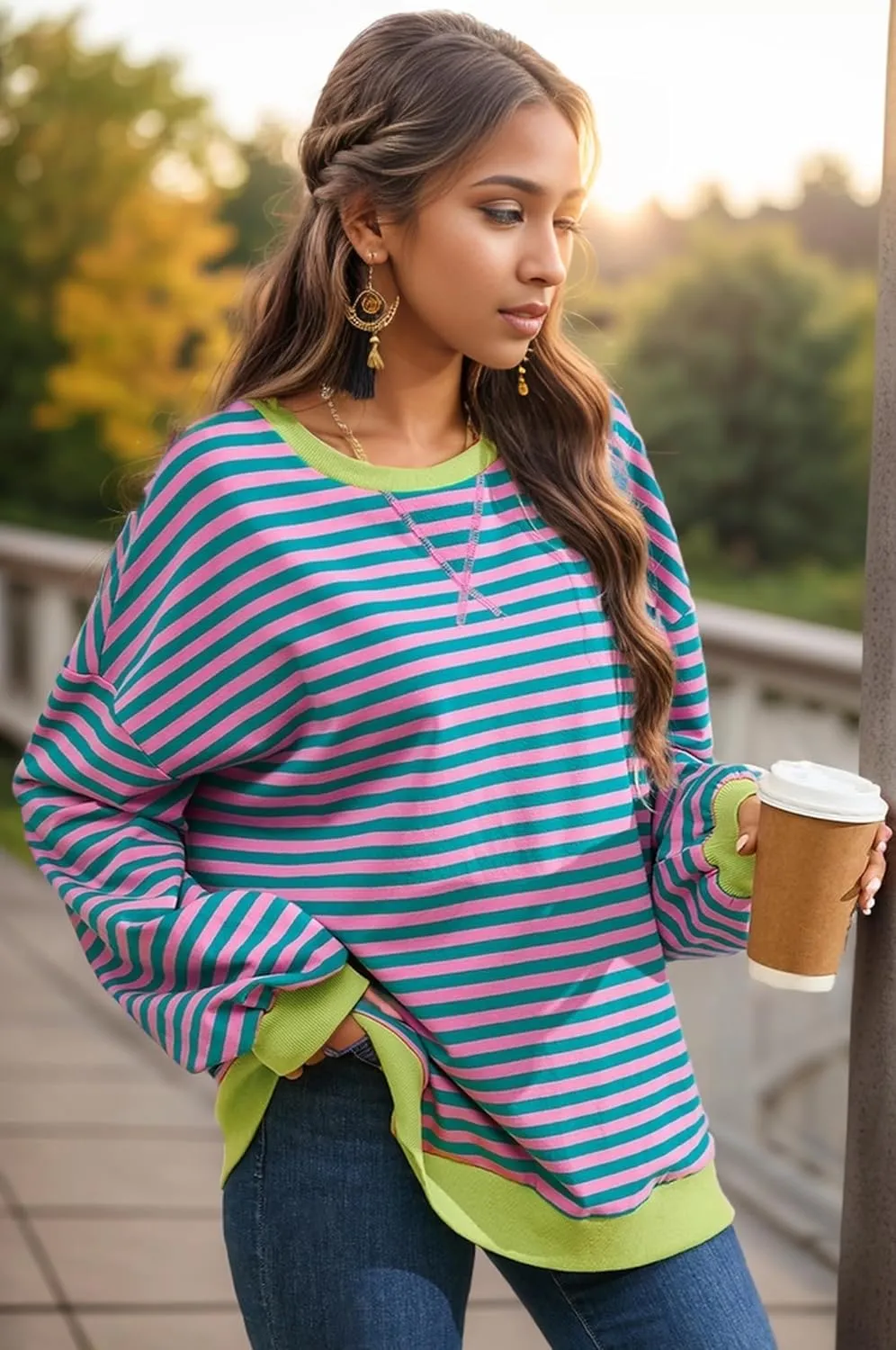 Womens Oversized Sweatshirt for Women Striped Preppy Pink Crewneck Sweatshirts Long Sleeve Casual Loose Pullover
