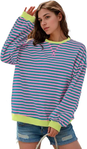 Womens Oversized Sweatshirt for Women Striped Preppy Pink Crewneck Sweatshirts Long Sleeve Casual Loose Pullover