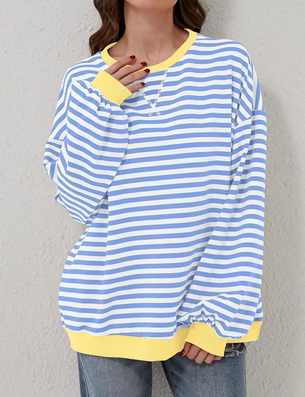 Womens Oversized Sweatshirt for Women Striped Preppy Pink Crewneck Sweatshirts Long Sleeve Casual Loose Pullover