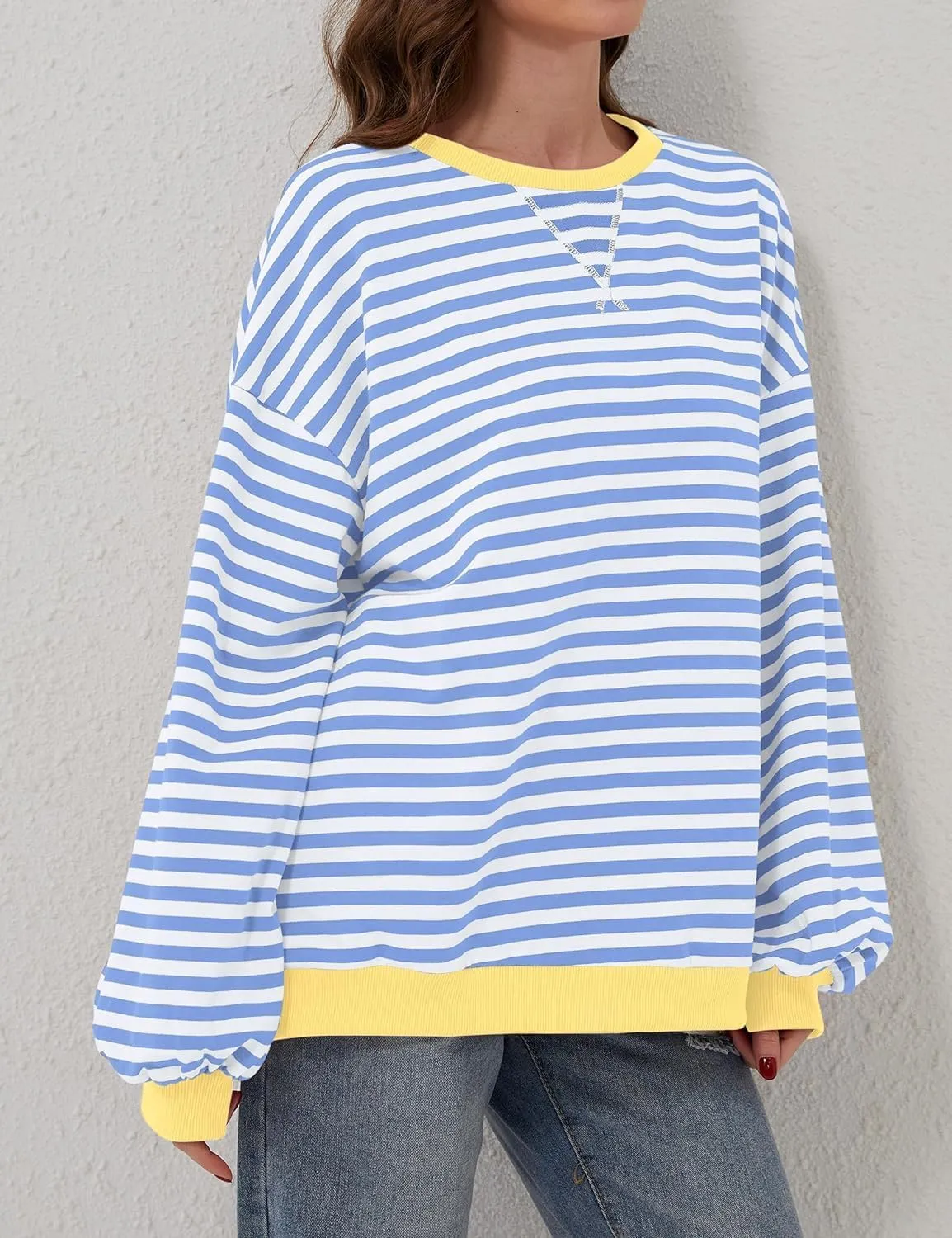 Womens Oversized Sweatshirt for Women Striped Preppy Pink Crewneck Sweatshirts Long Sleeve Casual Loose Pullover