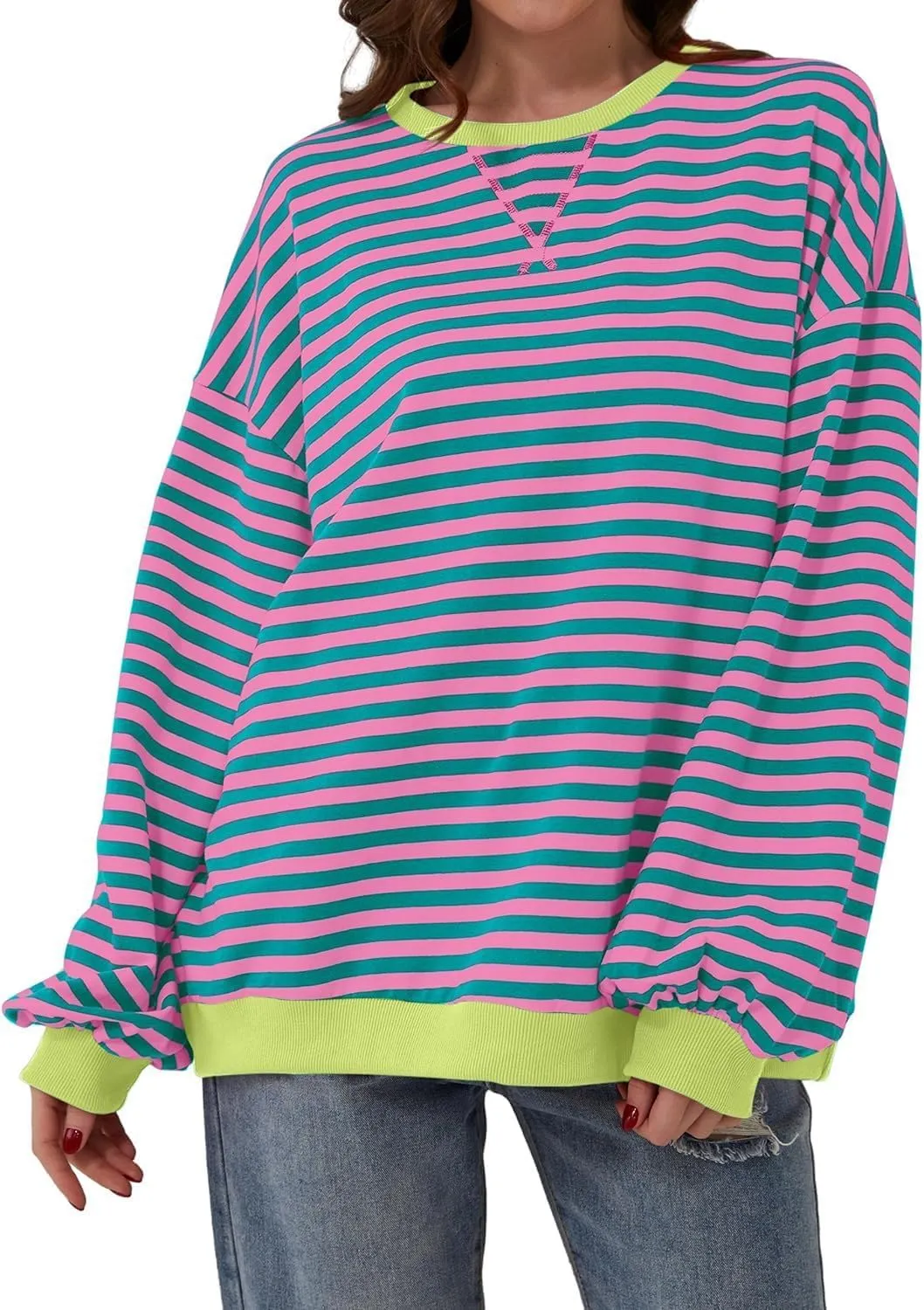 Womens Oversized Sweatshirt for Women Striped Preppy Pink Crewneck Sweatshirts Long Sleeve Casual Loose Pullover
