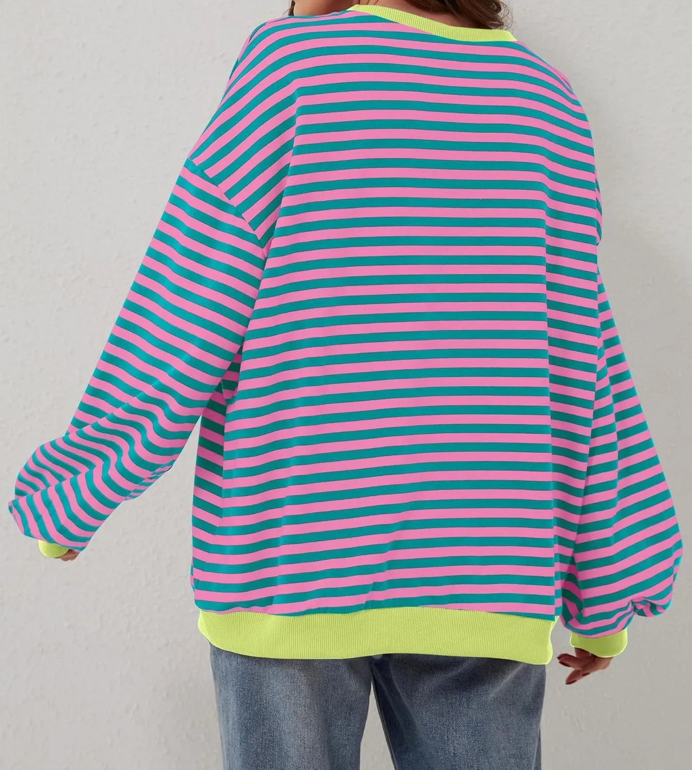 Womens Oversized Sweatshirt for Women Striped Preppy Pink Crewneck Sweatshirts Long Sleeve Casual Loose Pullover