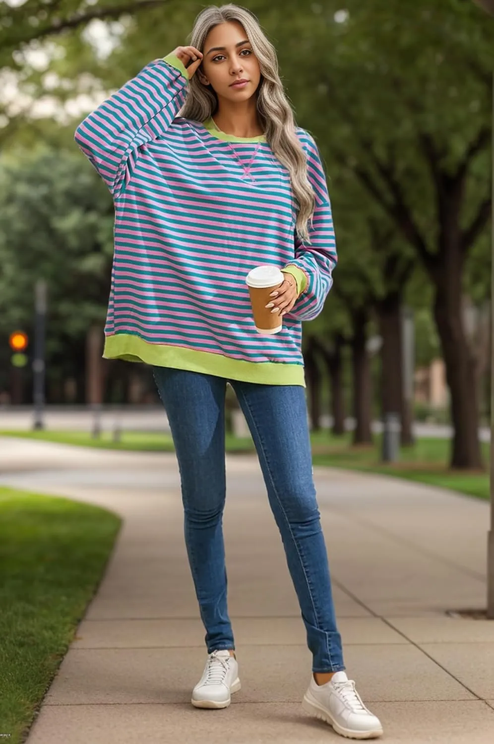 Womens Oversized Sweatshirt for Women Striped Preppy Pink Crewneck Sweatshirts Long Sleeve Casual Loose Pullover
