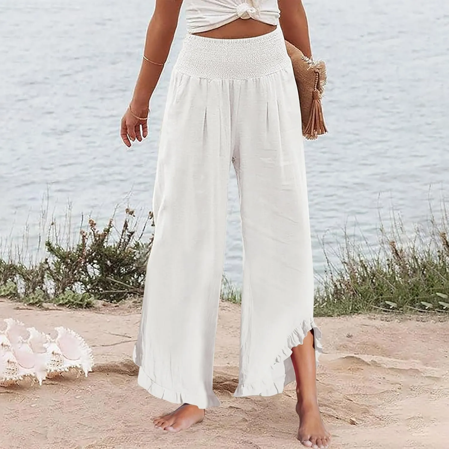 Women's Pants High Waisted Straight Leg Work,Womens Dress Sweatpants Petite, Linen Cotton Slit Baggy Waist