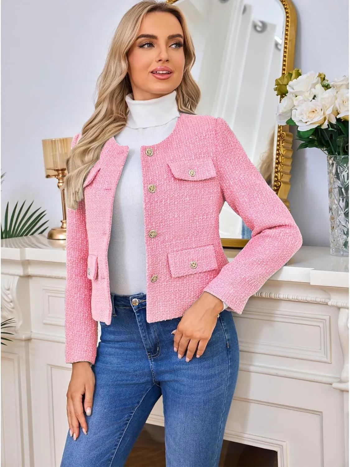 Women's Tweed Blazers Jackets Casual Long Sleeve Button Down Business Short Casual Cropped Coats