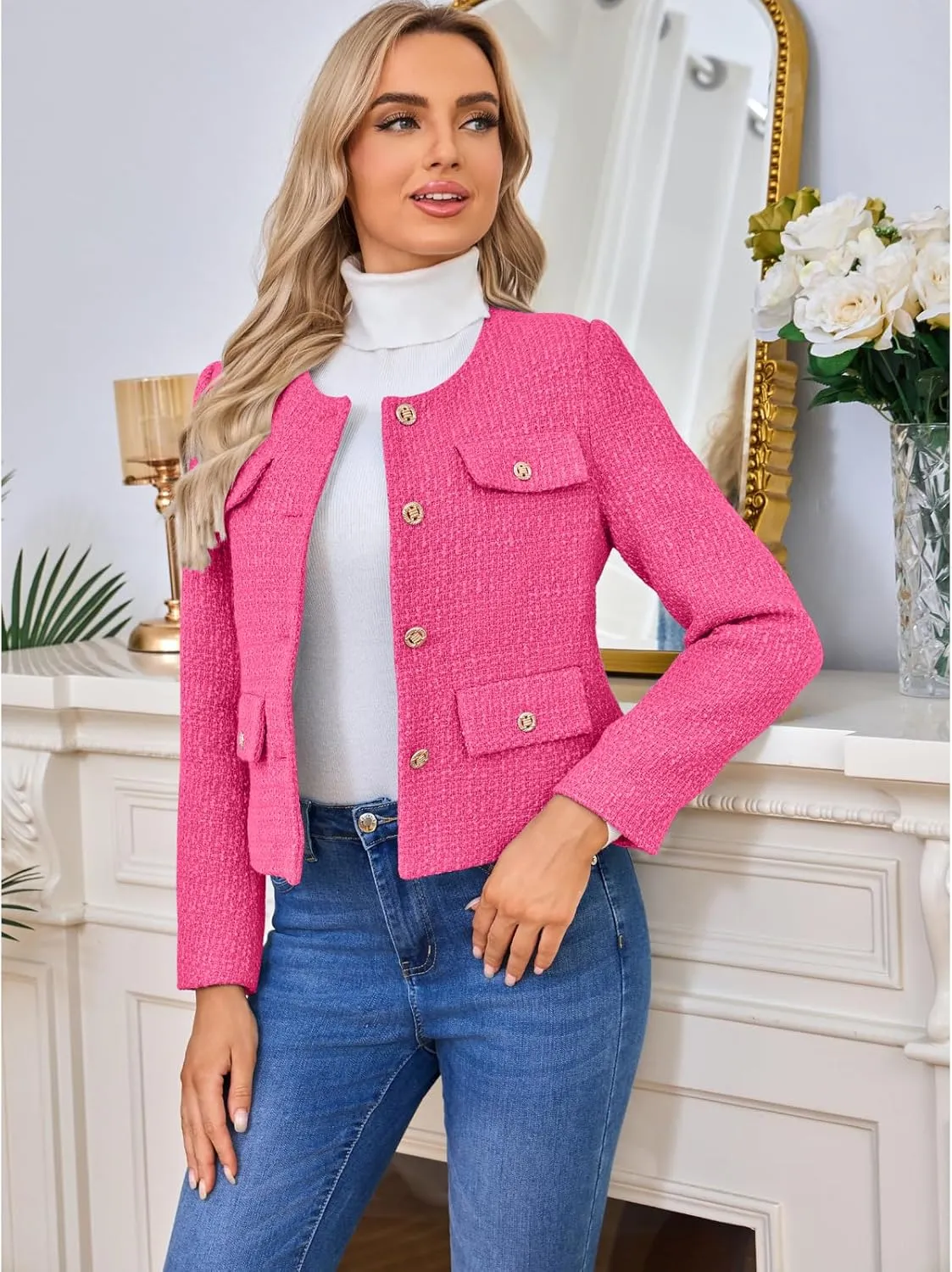 Women's Tweed Blazers Jackets Casual Long Sleeve Button Down Business Short Casual Cropped Coats