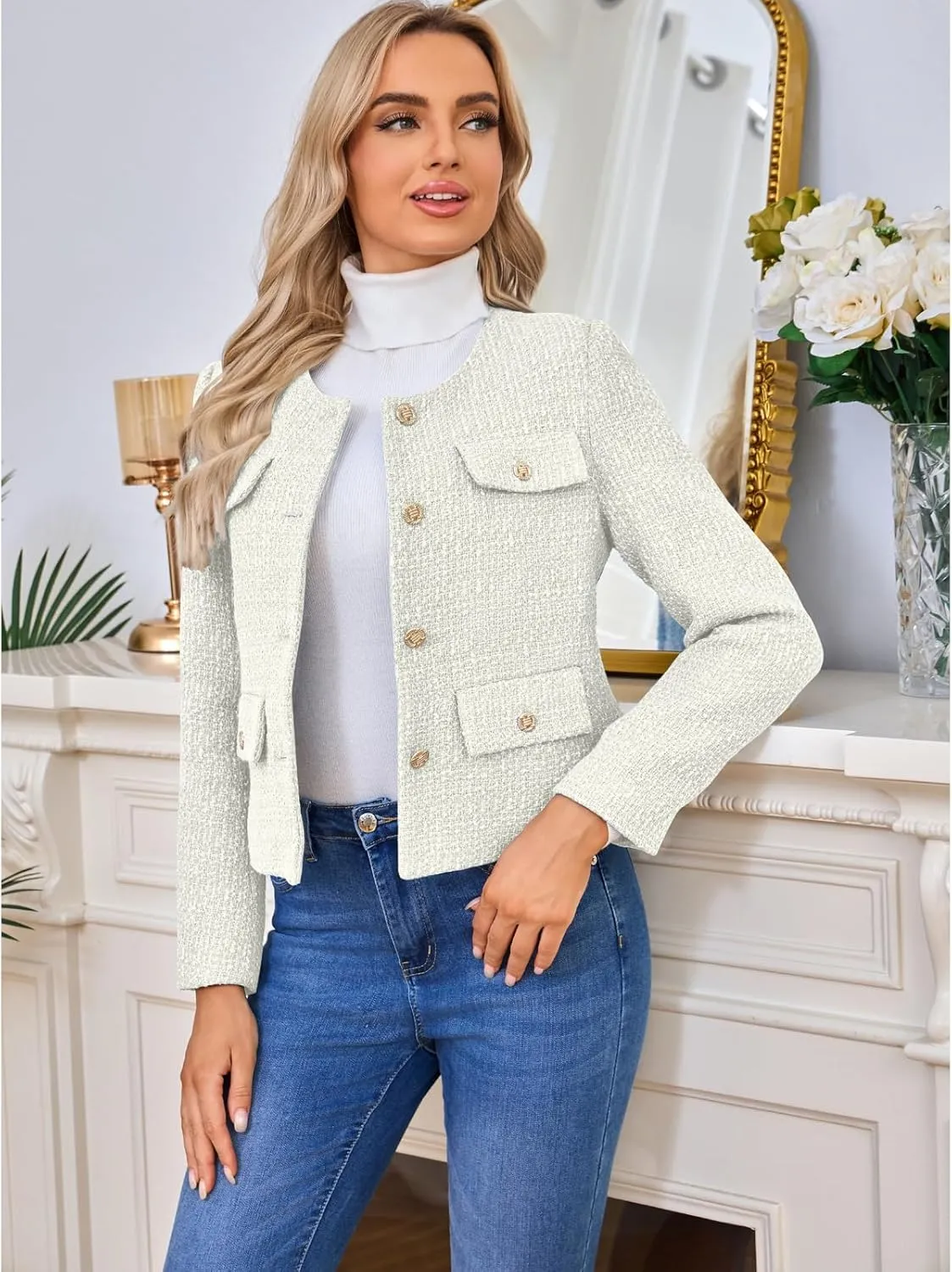 Women's Tweed Blazers Jackets Casual Long Sleeve Button Down Business Short Casual Cropped Coats