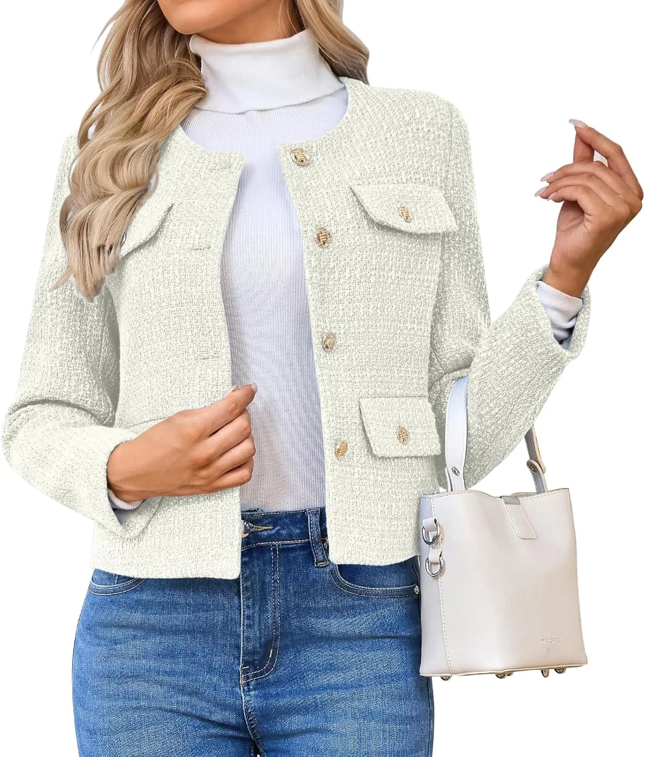 Women's Tweed Blazers Jackets Casual Long Sleeve Button Down Business Short Casual Cropped Coats