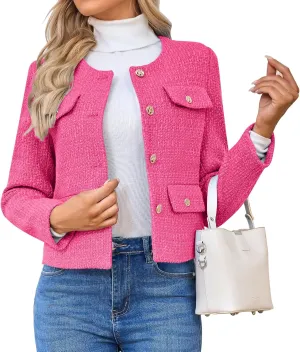 Women's Tweed Blazers Jackets Casual Long Sleeve Button Down Business Short Casual Cropped Coats