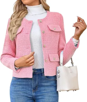 Women's Tweed Blazers Jackets Casual Long Sleeve Button Down Business Short Casual Cropped Coats
