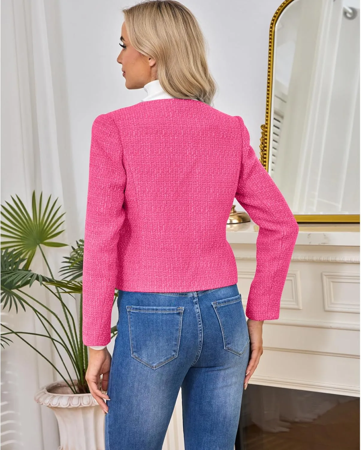 Women's Tweed Blazers Jackets Casual Long Sleeve Button Down Business Short Casual Cropped Coats