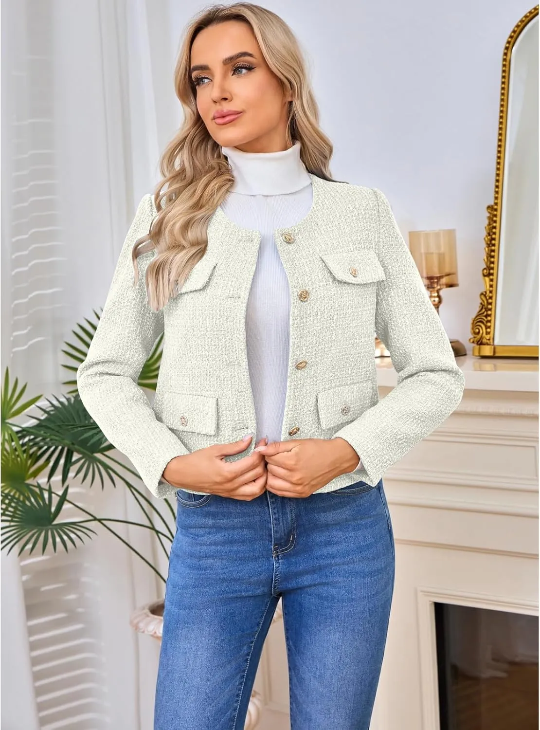 Women's Tweed Blazers Jackets Casual Long Sleeve Button Down Business Short Casual Cropped Coats