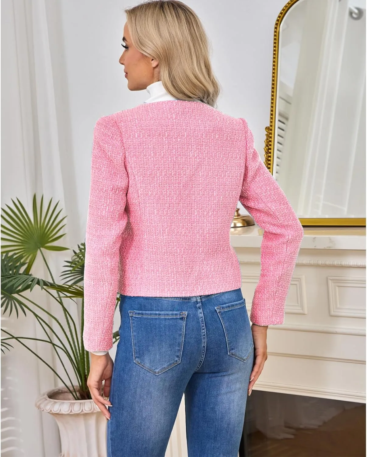 Women's Tweed Blazers Jackets Casual Long Sleeve Button Down Business Short Casual Cropped Coats
