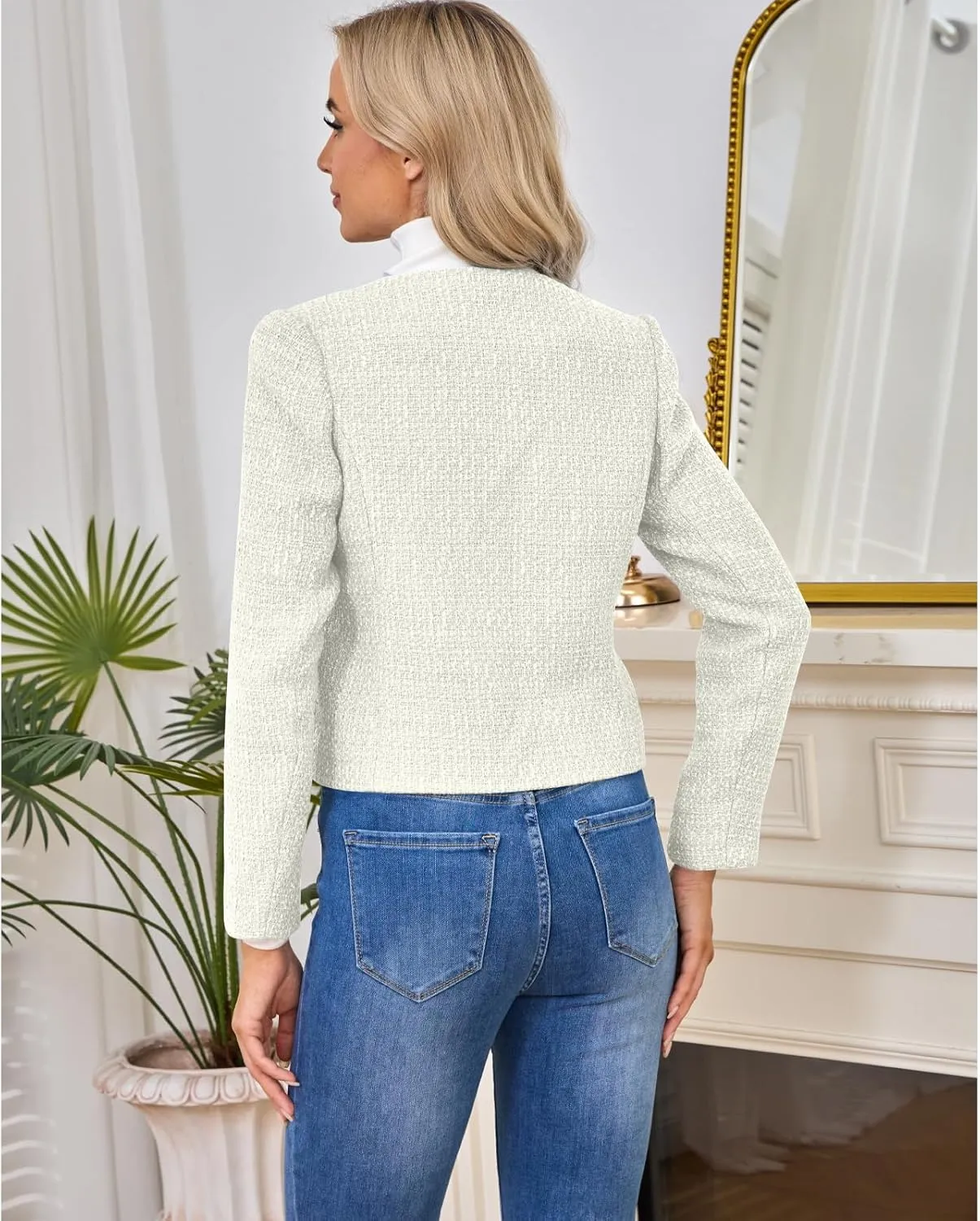 Women's Tweed Blazers Jackets Casual Long Sleeve Button Down Business Short Casual Cropped Coats
