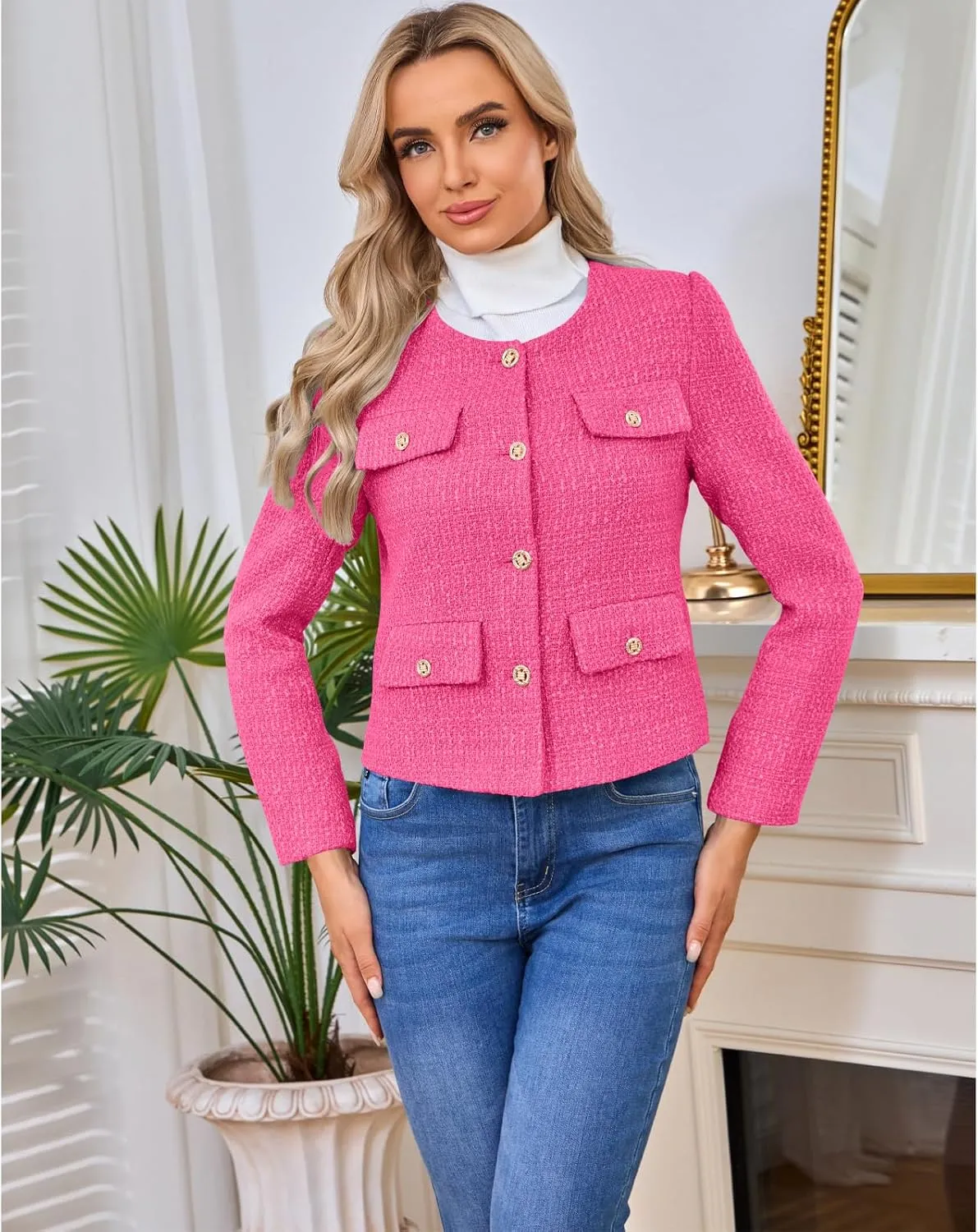 Women's Tweed Blazers Jackets Casual Long Sleeve Button Down Business Short Casual Cropped Coats