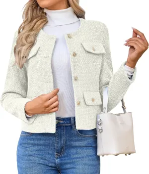 Women's Tweed Blazers Jackets Casual Long Sleeve Button Down Business Short Casual Cropped Coats