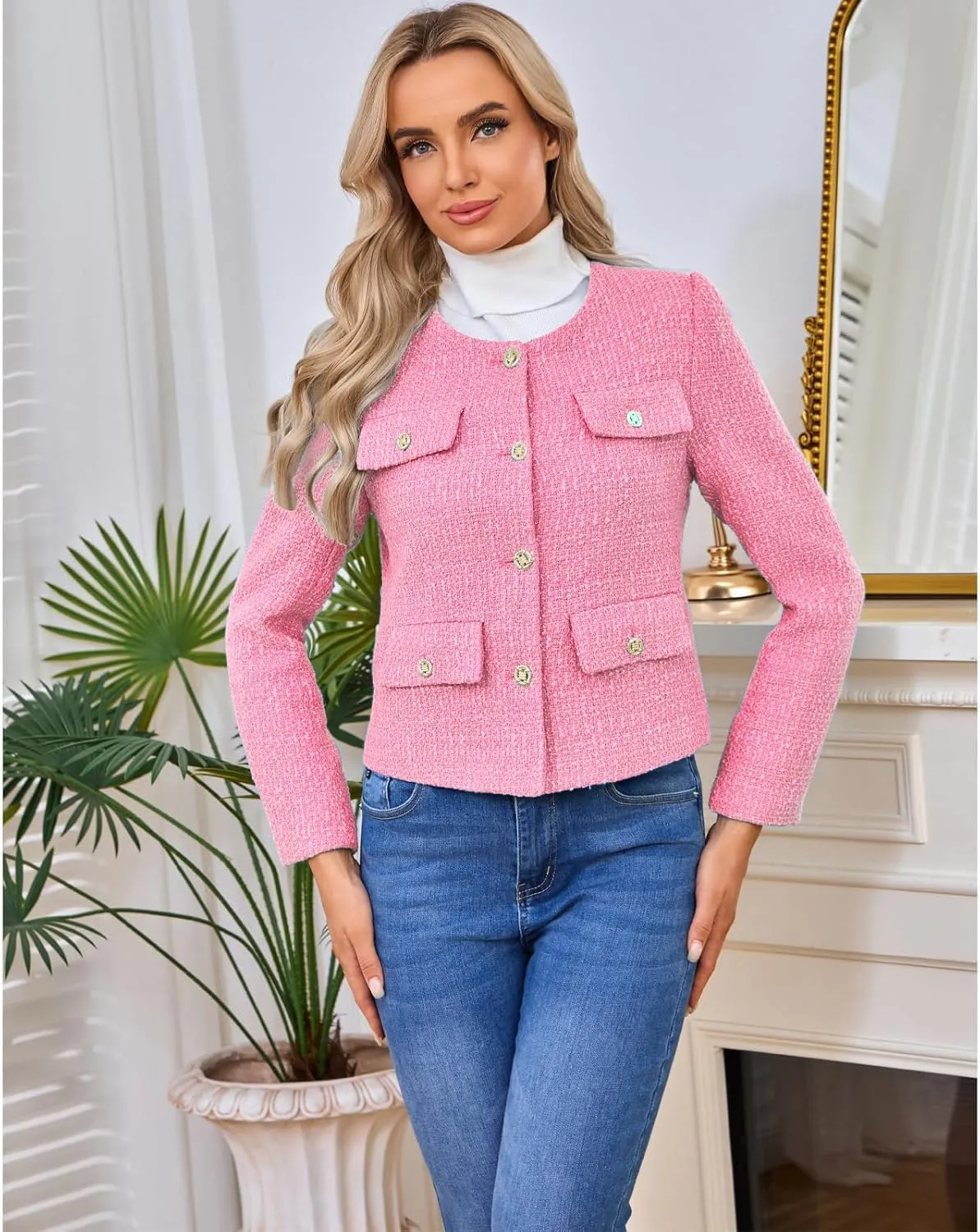 Women's Tweed Blazers Jackets Casual Long Sleeve Button Down Business Short Casual Cropped Coats