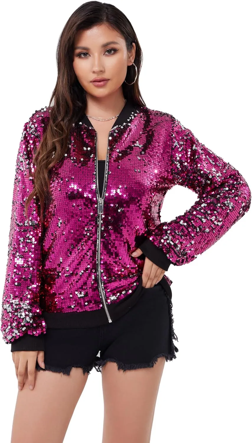 WULFUL Women's Sequin Jackets Sparkly Glitter Long Sleeve Front Zip Bomber Blazers Party Costume