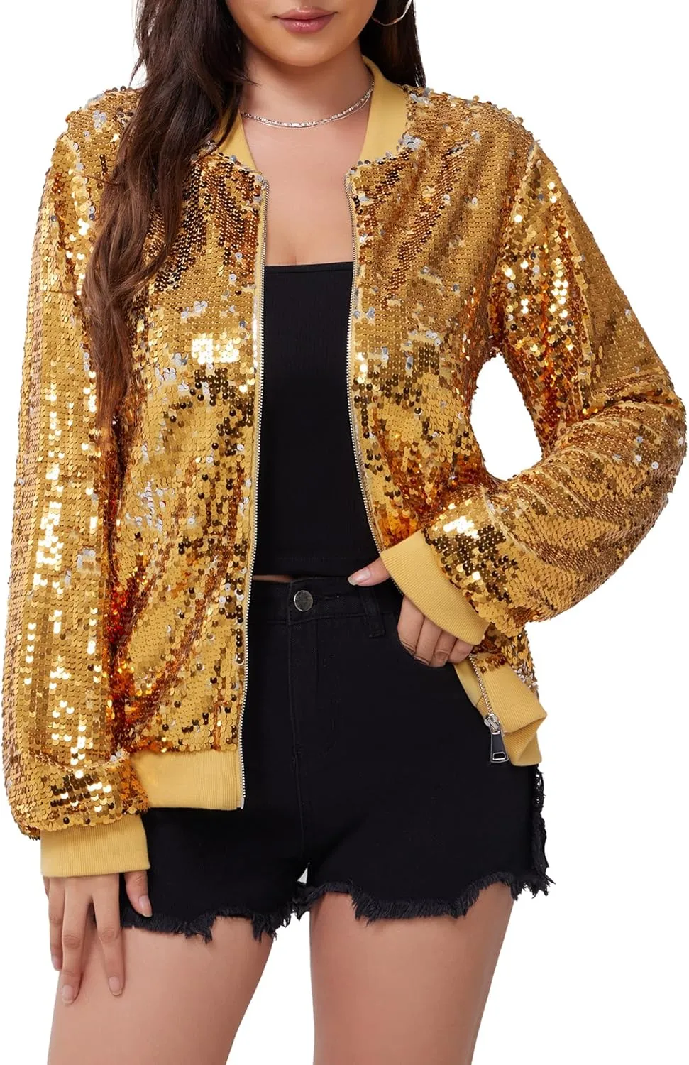 WULFUL Women's Sequin Jackets Sparkly Glitter Long Sleeve Front Zip Bomber Blazers Party Costume