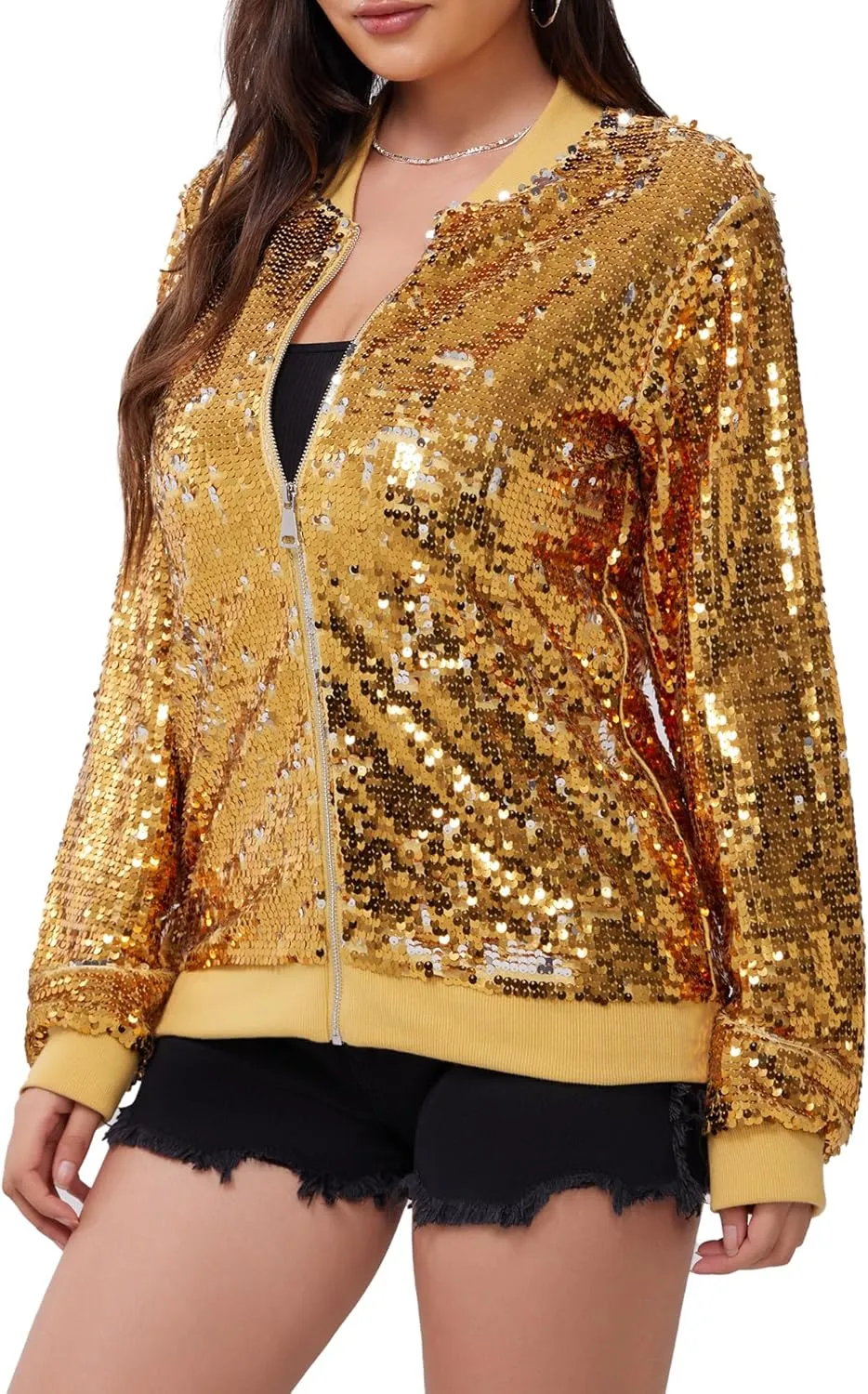 WULFUL Women's Sequin Jackets Sparkly Glitter Long Sleeve Front Zip Bomber Blazers Party Costume