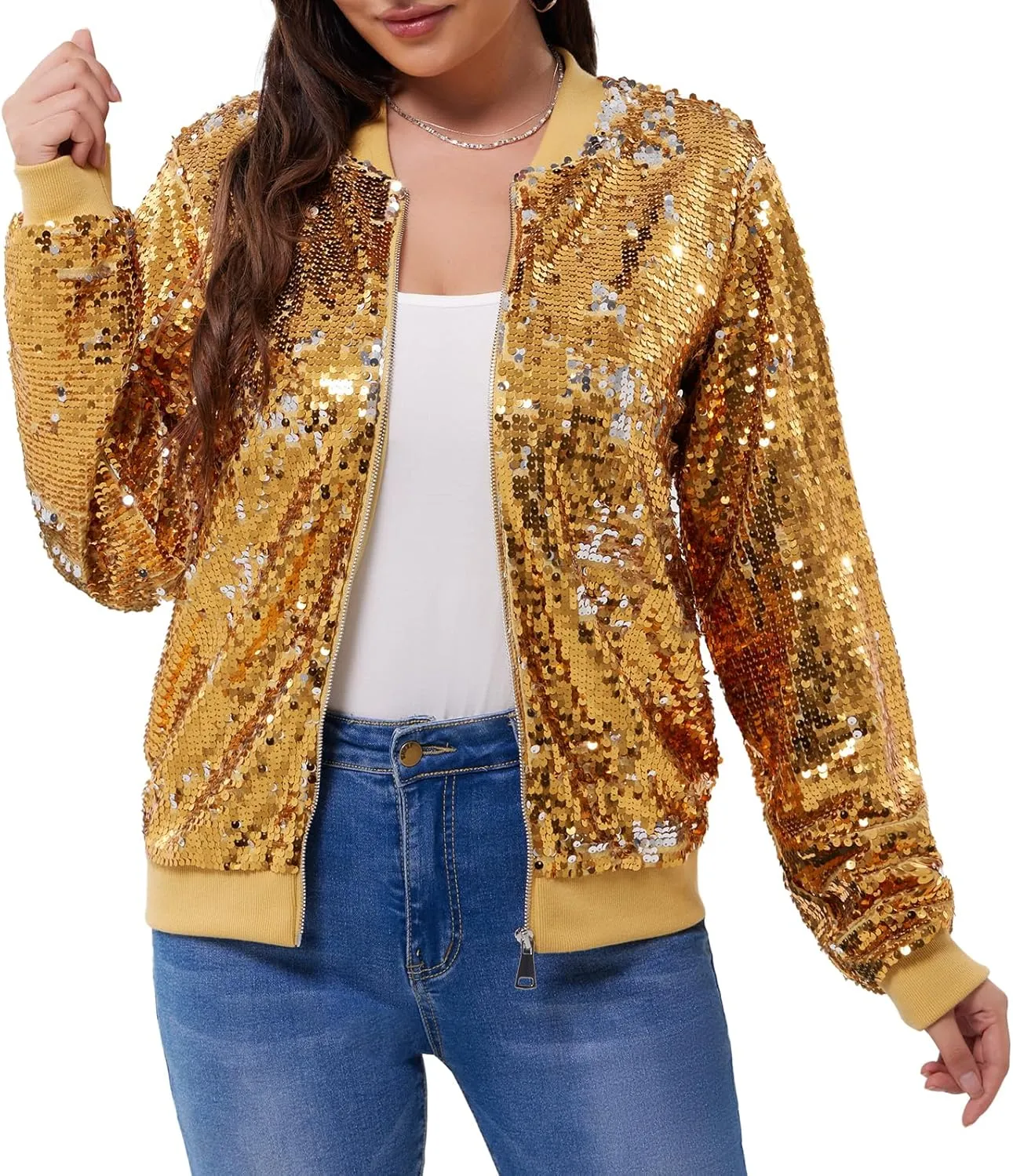 WULFUL Women's Sequin Jackets Sparkly Glitter Long Sleeve Front Zip Bomber Blazers Party Costume