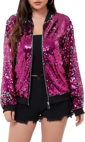 WULFUL Women's Sequin Jackets Sparkly Glitter Long Sleeve Front Zip Bomber Blazers Party Costume
