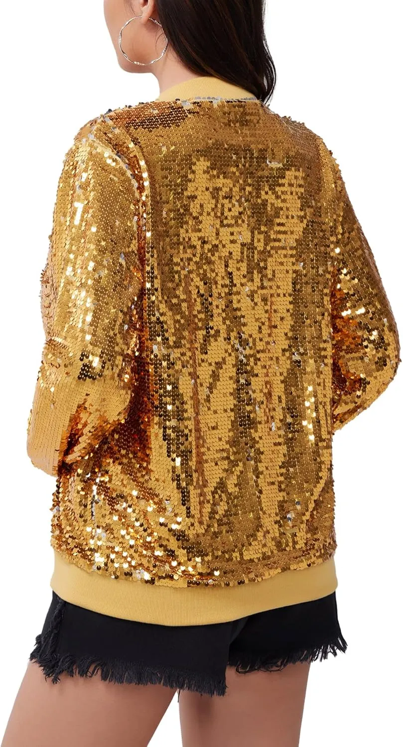 WULFUL Women's Sequin Jackets Sparkly Glitter Long Sleeve Front Zip Bomber Blazers Party Costume