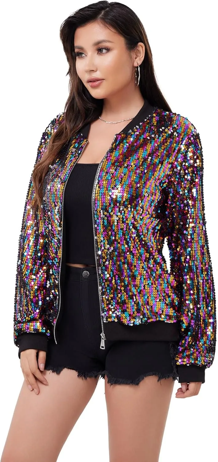 WULFUL Women's Sequin Jackets Sparkly Glitter Long Sleeve Front Zip Bomber Blazers Party Costume