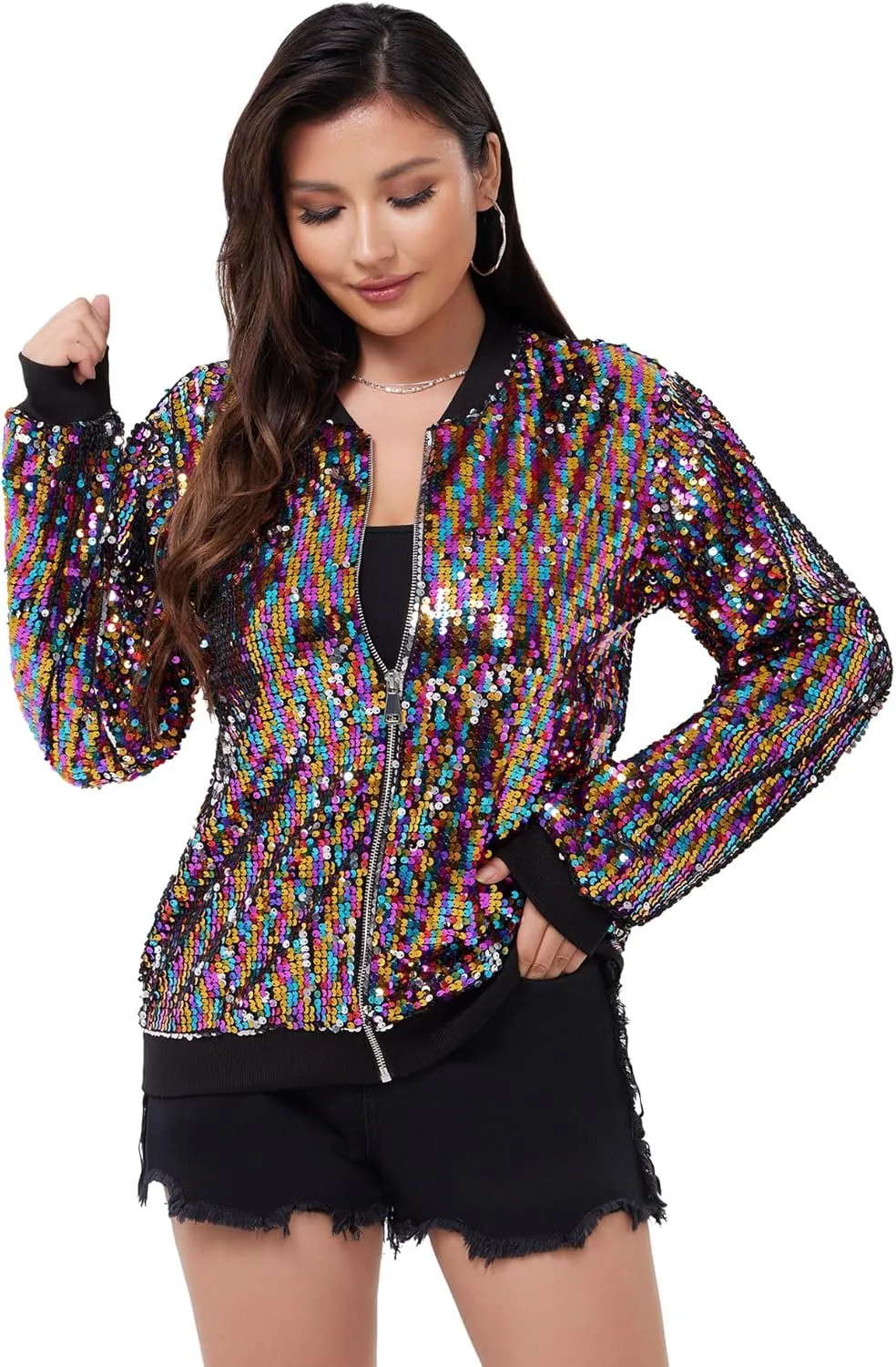 WULFUL Women's Sequin Jackets Sparkly Glitter Long Sleeve Front Zip Bomber Blazers Party Costume
