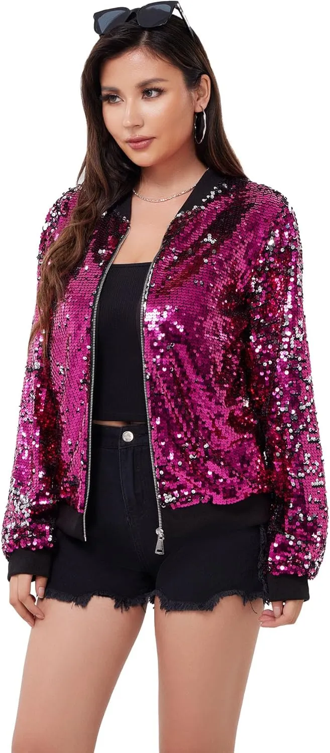 WULFUL Women's Sequin Jackets Sparkly Glitter Long Sleeve Front Zip Bomber Blazers Party Costume