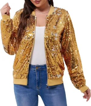 WULFUL Women's Sequin Jackets Sparkly Glitter Long Sleeve Front Zip Bomber Blazers Party Costume