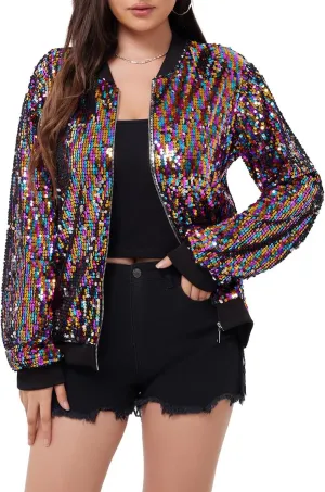 WULFUL Women's Sequin Jackets Sparkly Glitter Long Sleeve Front Zip Bomber Blazers Party Costume