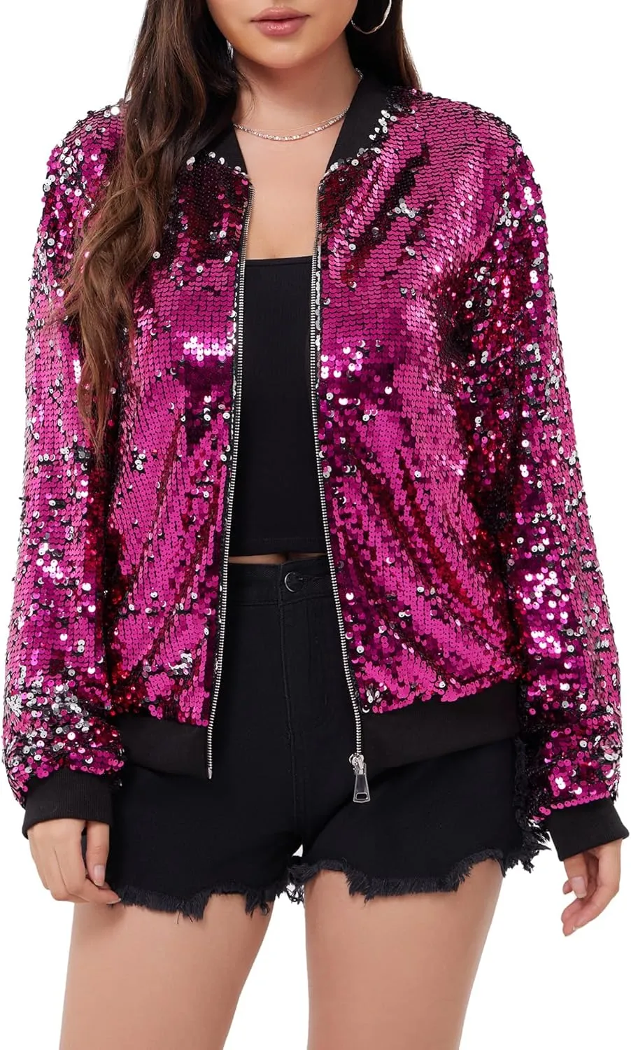 WULFUL Women's Sequin Jackets Sparkly Glitter Long Sleeve Front Zip Bomber Blazers Party Costume