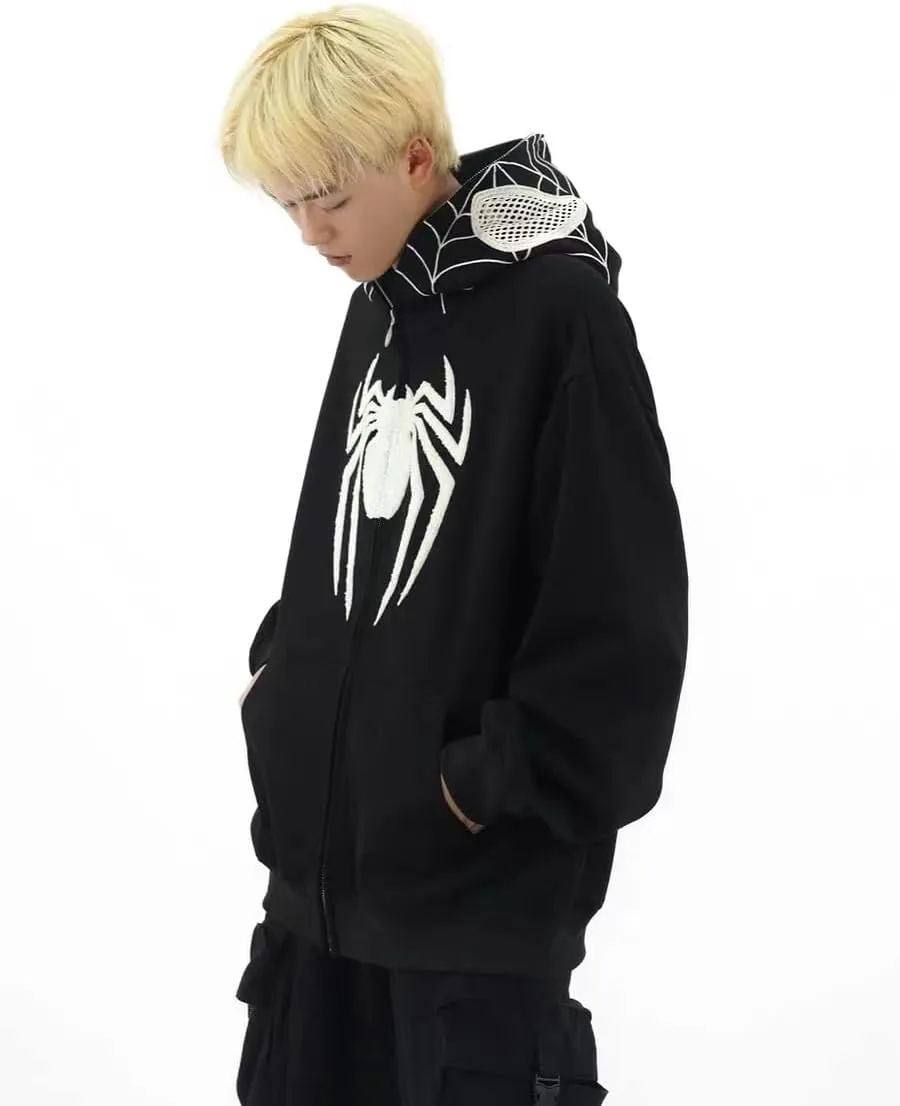 Y2k Hip Hop Embroidery Spider Hoodie Full Zip Up Harajuku Streetwear Oversized Kawaii Graphic Jacket Sweatshirts